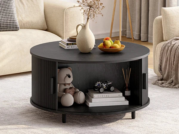 Onbrill Modern Round Coffee Table With Fluted Wood Storage