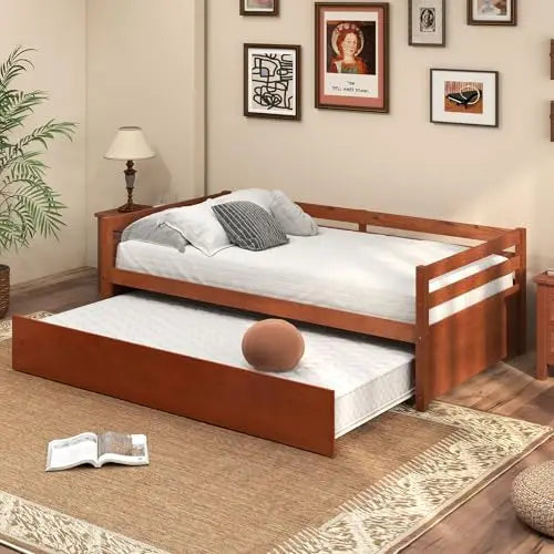 Mid Century Modern Daybed With Trundle And Wood Slat Support