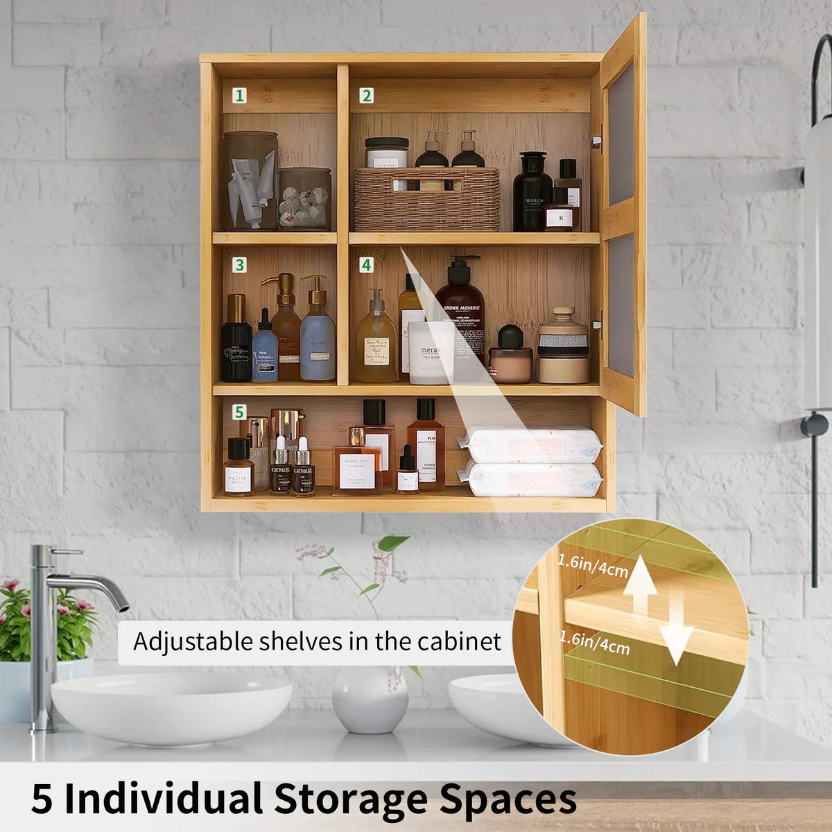 5 Shelf Bamboo Wall Medicine Cabinet With Mirror