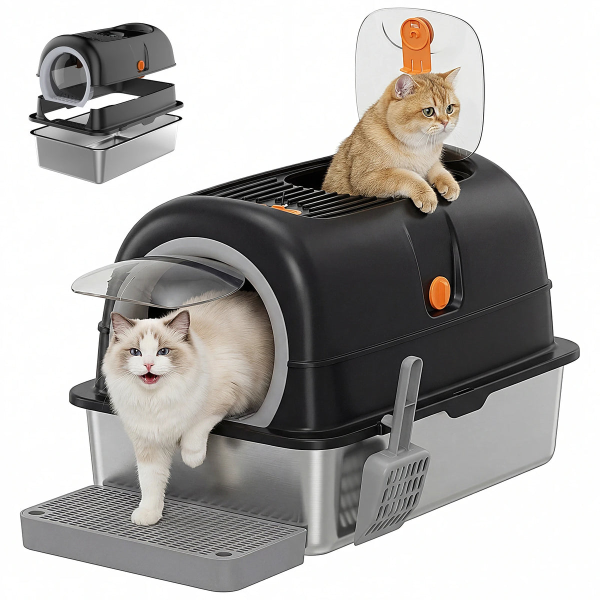 Stainless Steel Fully Enclosed Large Cat Litter Box With Scoop