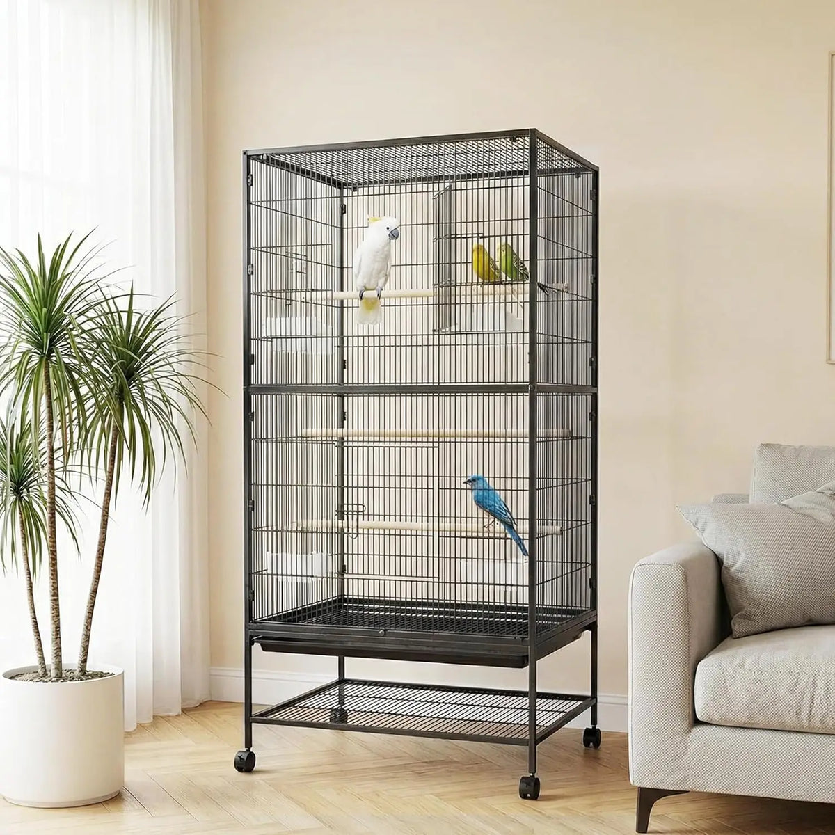 HiMISS Bird Cage With Rolling Stand And Feed Bowls