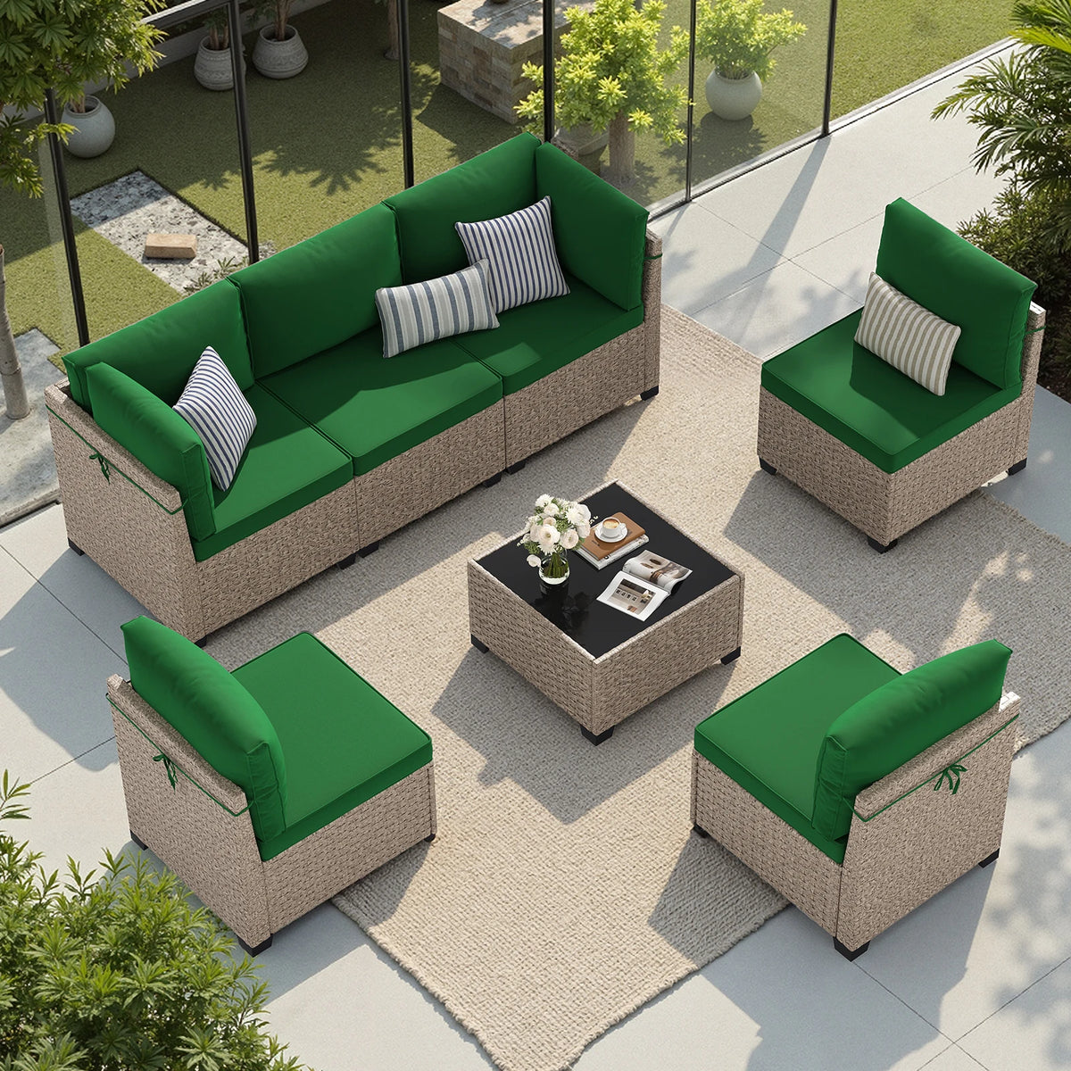 Outdoor Rattan Patio Sectional Sofa Set With Tempered Glass Table