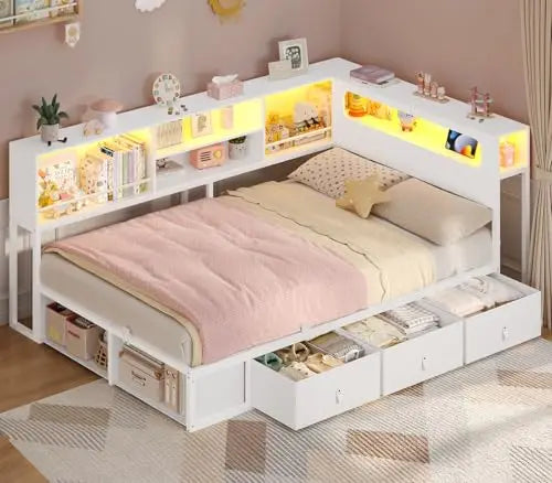 Contemporary Corner Bed Frame With Bookcase Storage And Charging Station