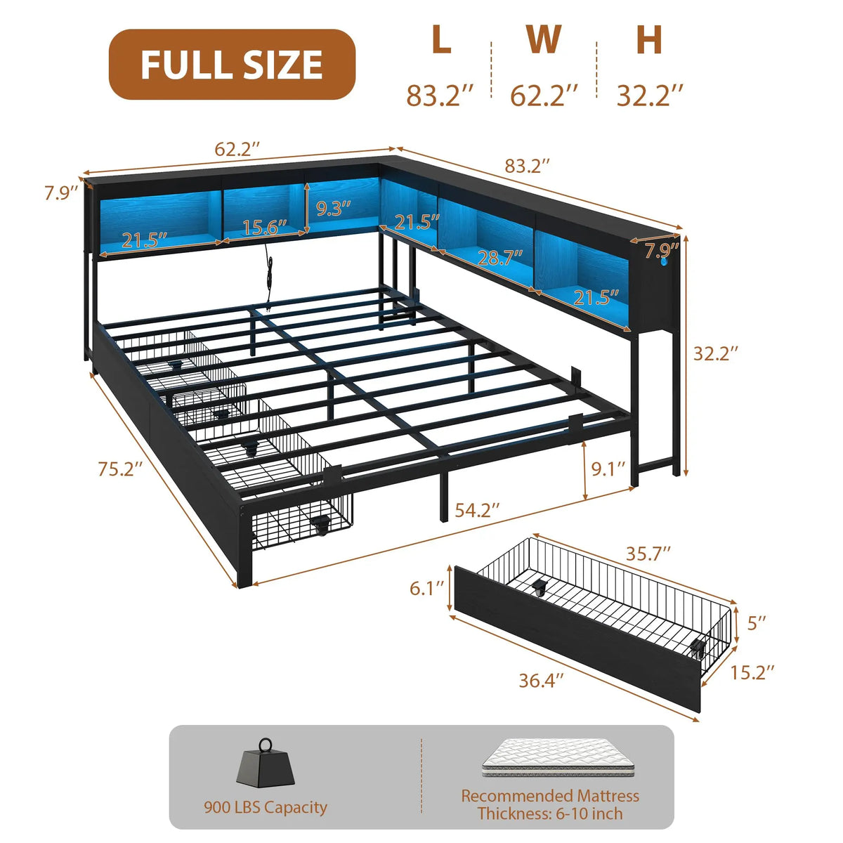 HiMISS Corner Bed Frame With Bookcase Headboard And LED Storage