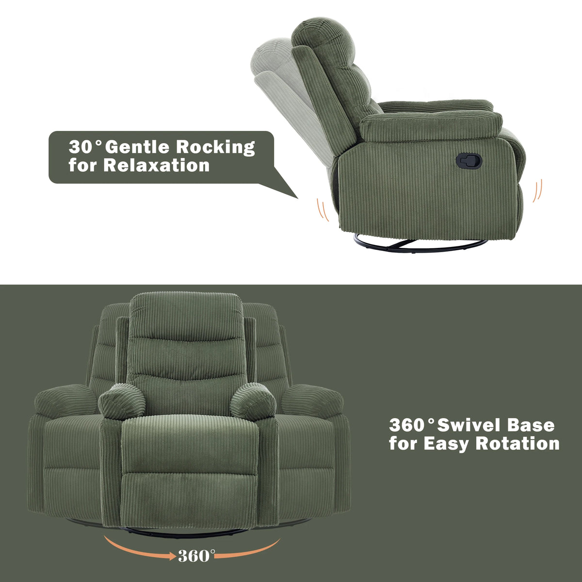 Gaohappy Swivel Rocking Corduroy Recliner Chair Manual Reclining