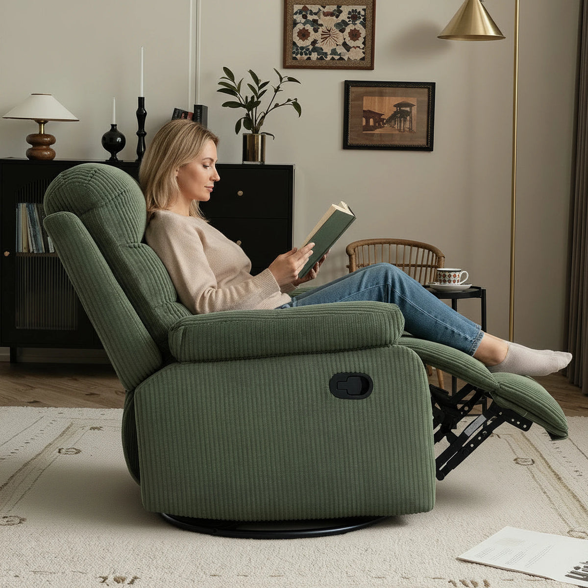 Gaohappy Swivel Rocking Corduroy Recliner Chair Manual Reclining