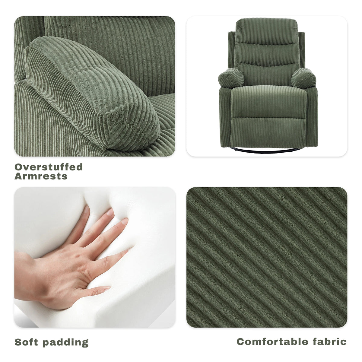 Gaohappy Swivel Rocking Corduroy Recliner Chair Manual Reclining