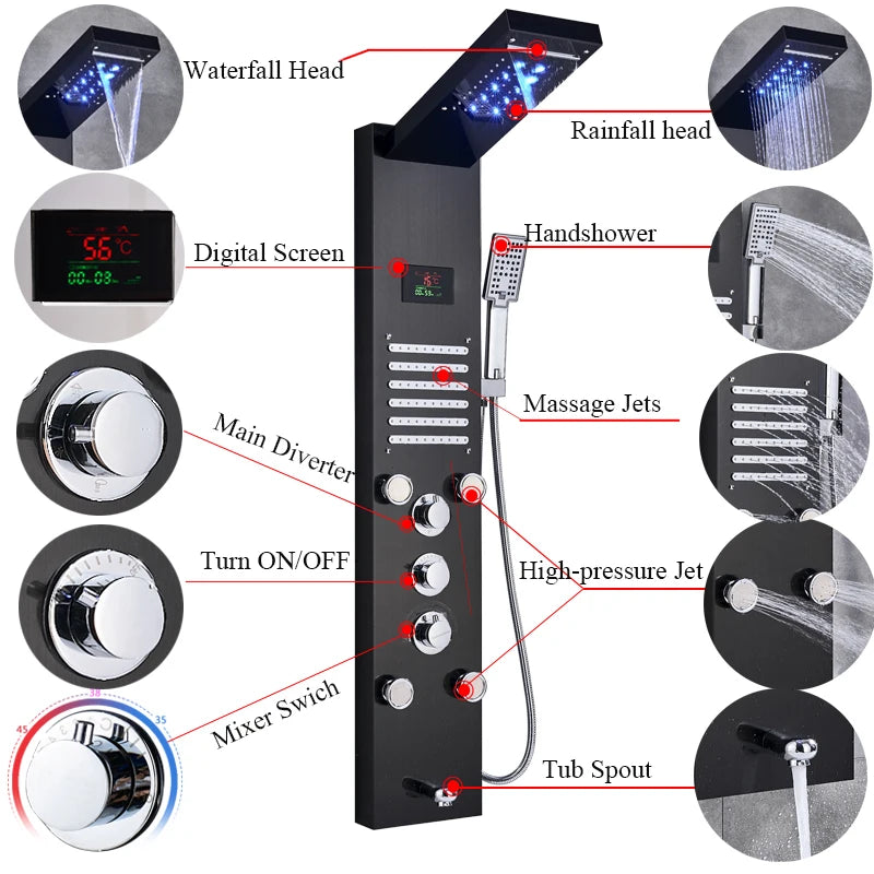 Stainless Steel Shower Panel With Waterfall Rain Massage And Handshower