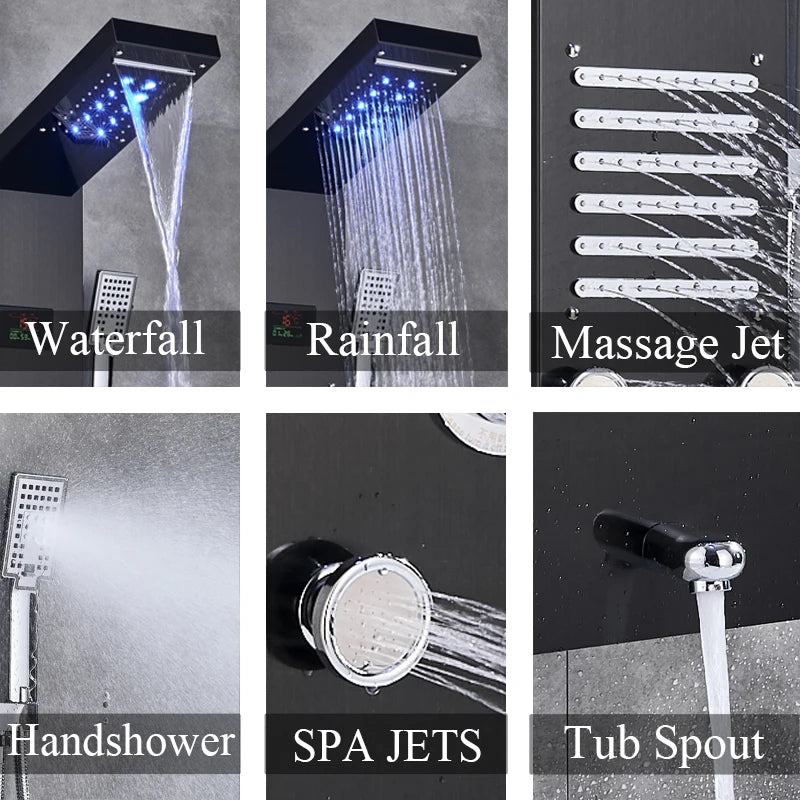 Stainless Steel Shower Panel With Waterfall Rain Massage And Handshower