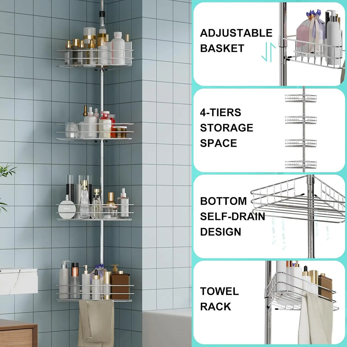 Four Layer Corner Shower Storage Rack With Durable Tension Pole