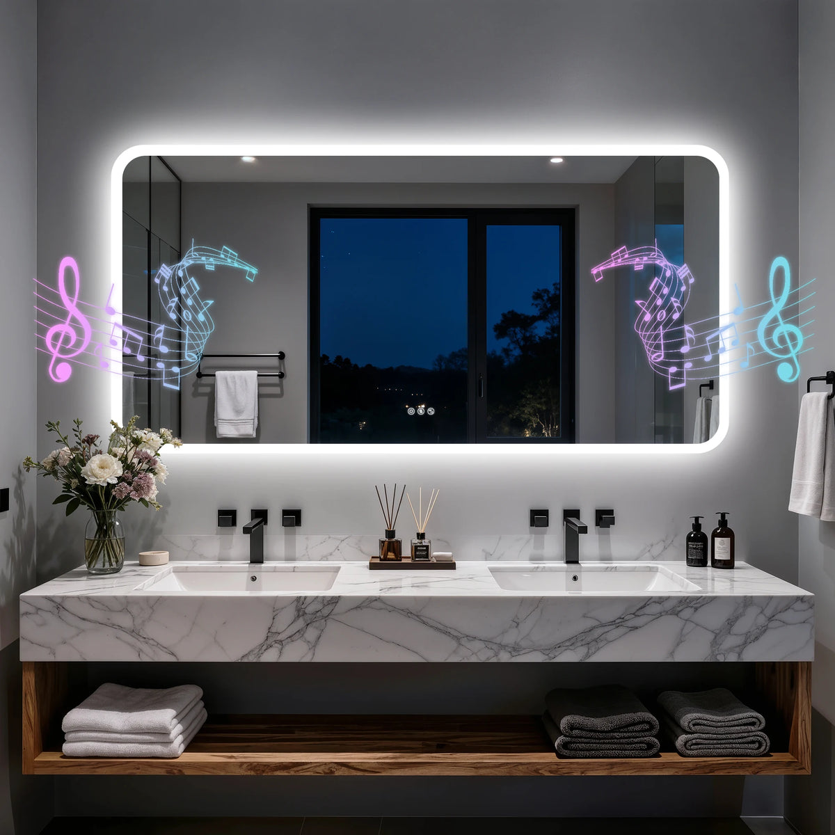 Smart LED Bathroom Mirror With Bluetooth Speakers And Touch Control
