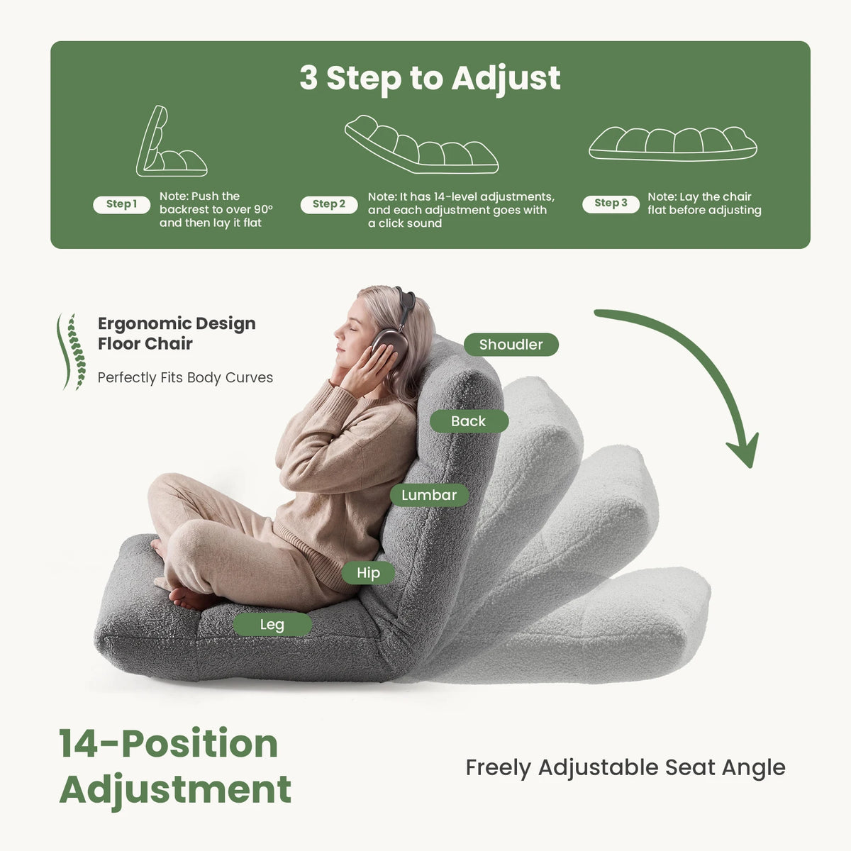 JHK Foldable Floor Chair Featuring Supportive Backrest and Teddy Velvet