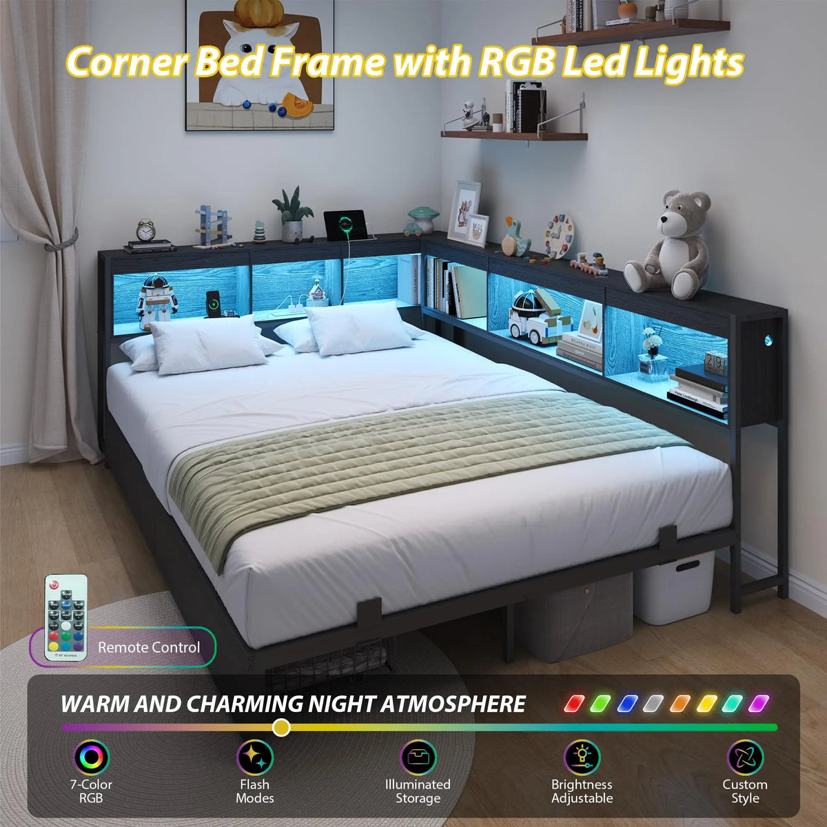 HiMISS Corner Bed Frame With Bookcase Headboard And LED Storage