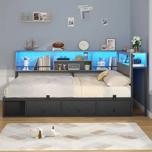 Contemporary Corner Bed Frame With Bookcase Storage And Charging Station