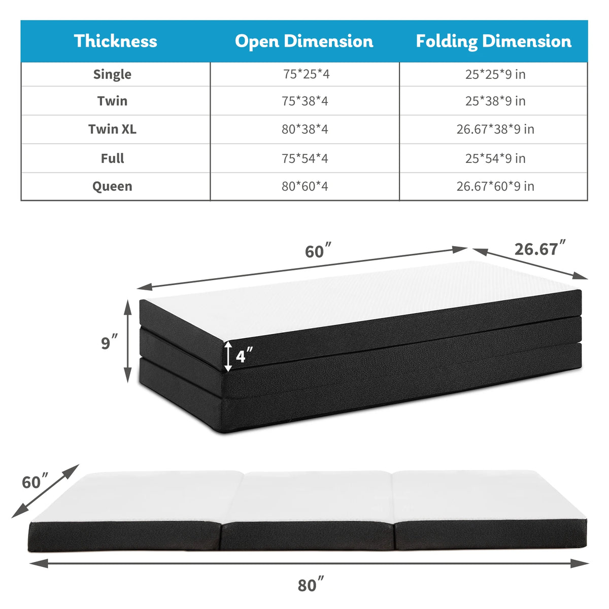 JHK Tri-Fold Memory Foam Mattress With Washable Cover CertiPUR-US Certified