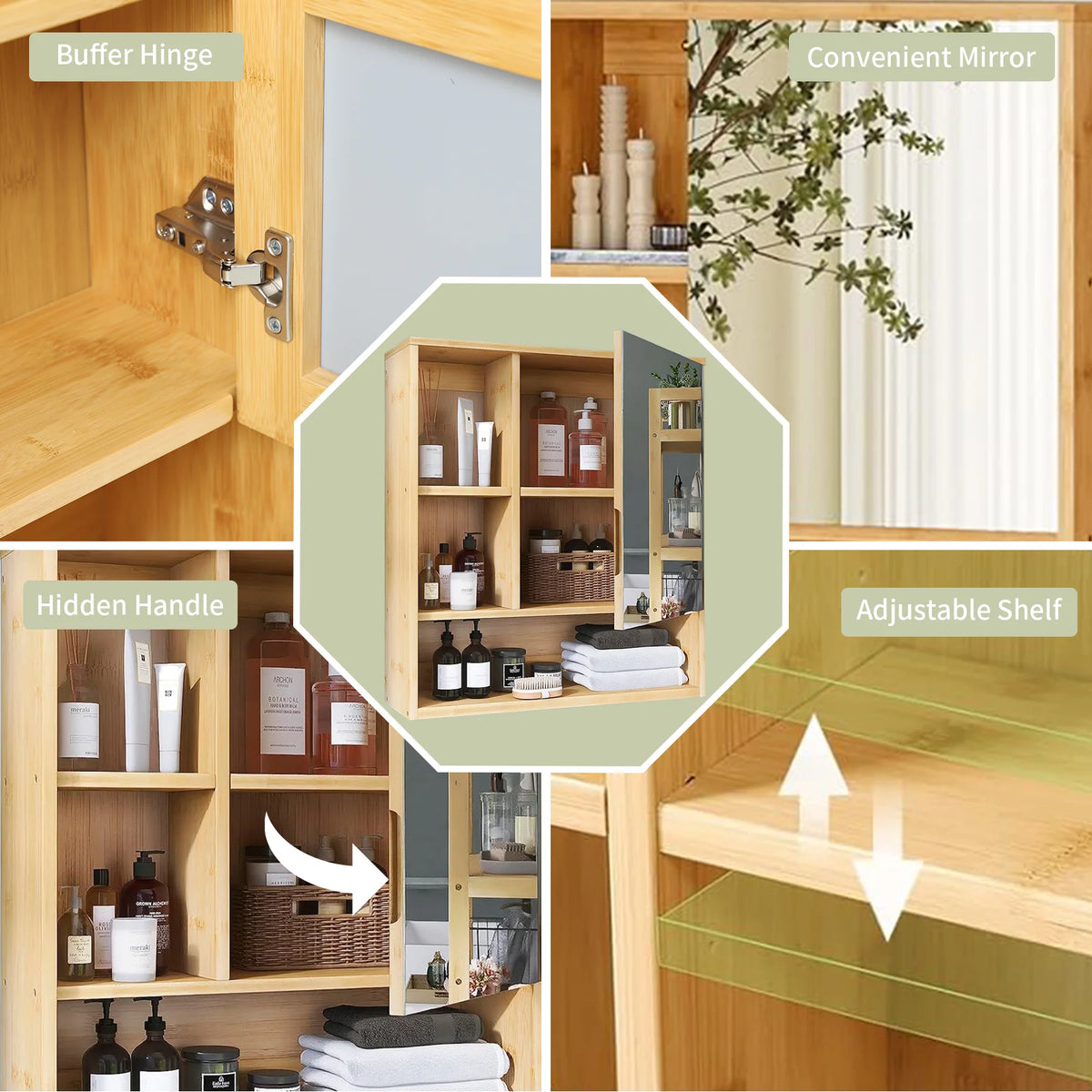 5 Shelf Bamboo Wall Medicine Cabinet With Mirror