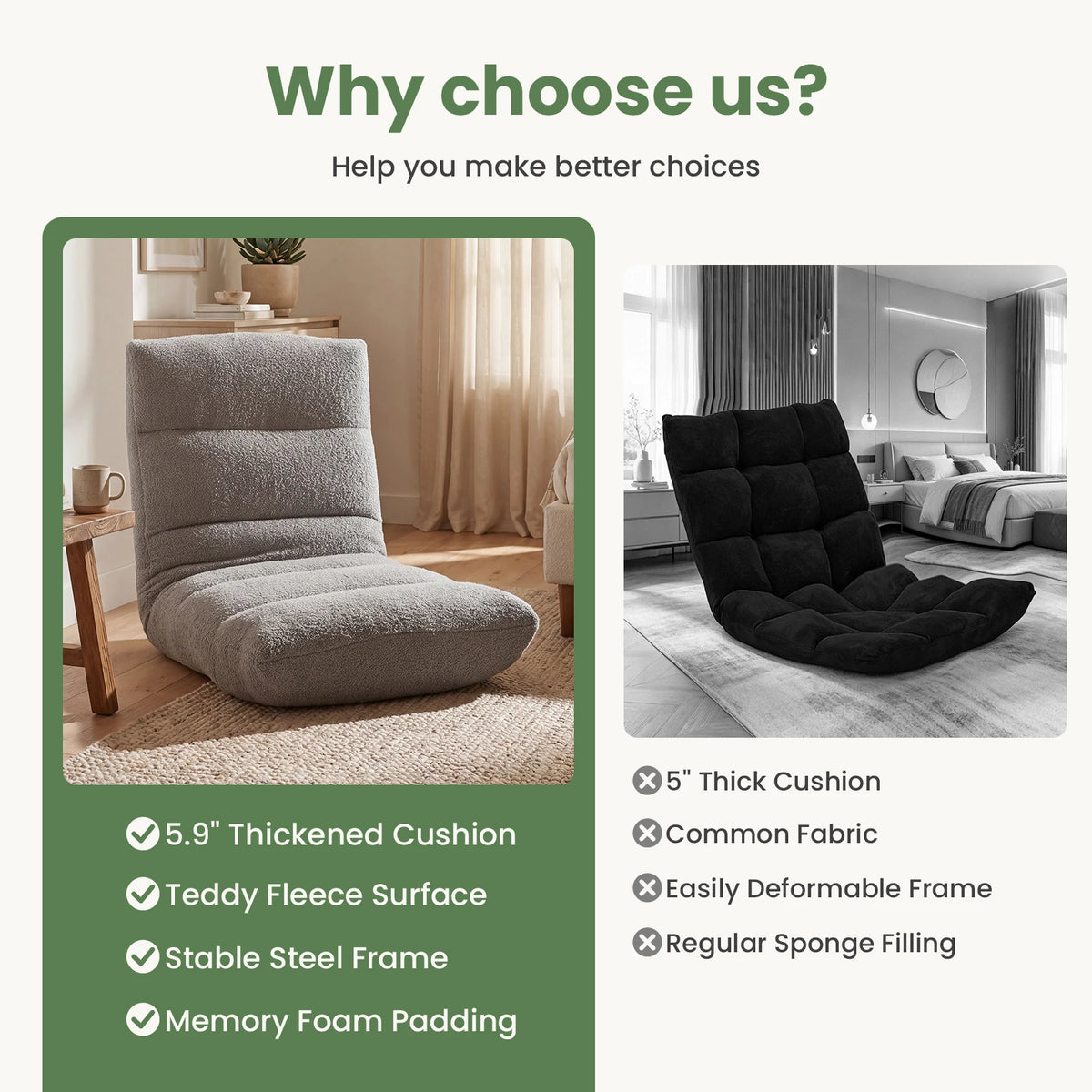 JHK Foldable Floor Chair Featuring Supportive Backrest and Teddy Velvet