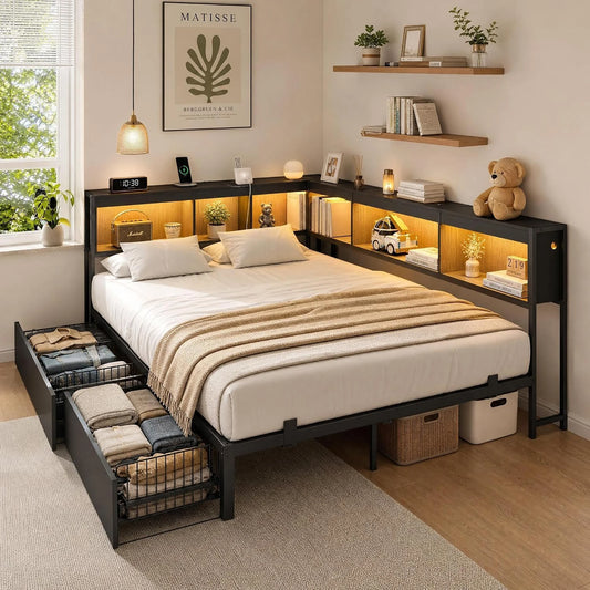 HiMISS Corner Bed Frame With Bookcase Headboard And LED Storage