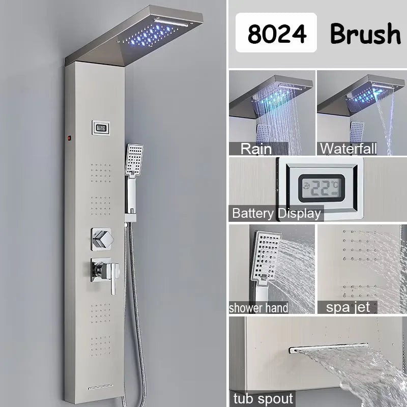 Stainless Steel Shower Panel With Waterfall Rain Massage And Handshower