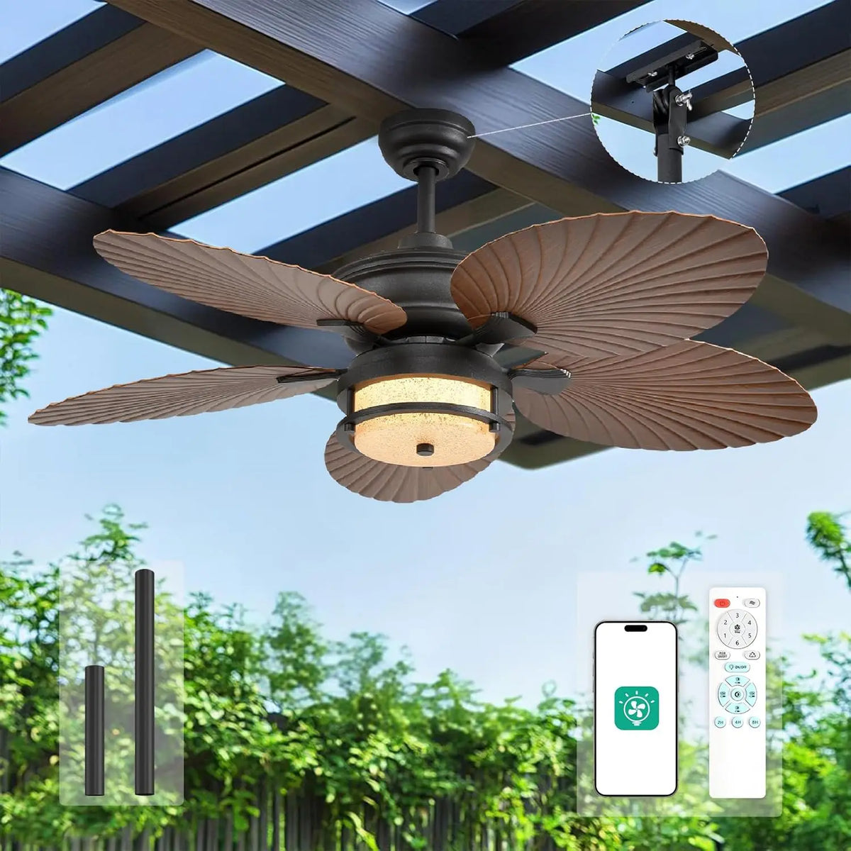 Orison 52 Inch Outdoor Ceiling Fan With Lights And Palm Leaf Blades