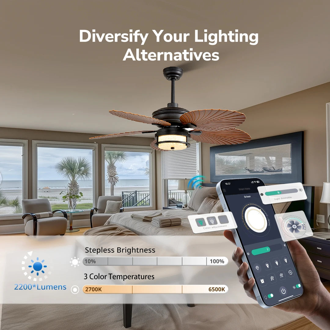 Orison 52 Inch Outdoor Ceiling Fan With Lights And Palm Leaf Blades