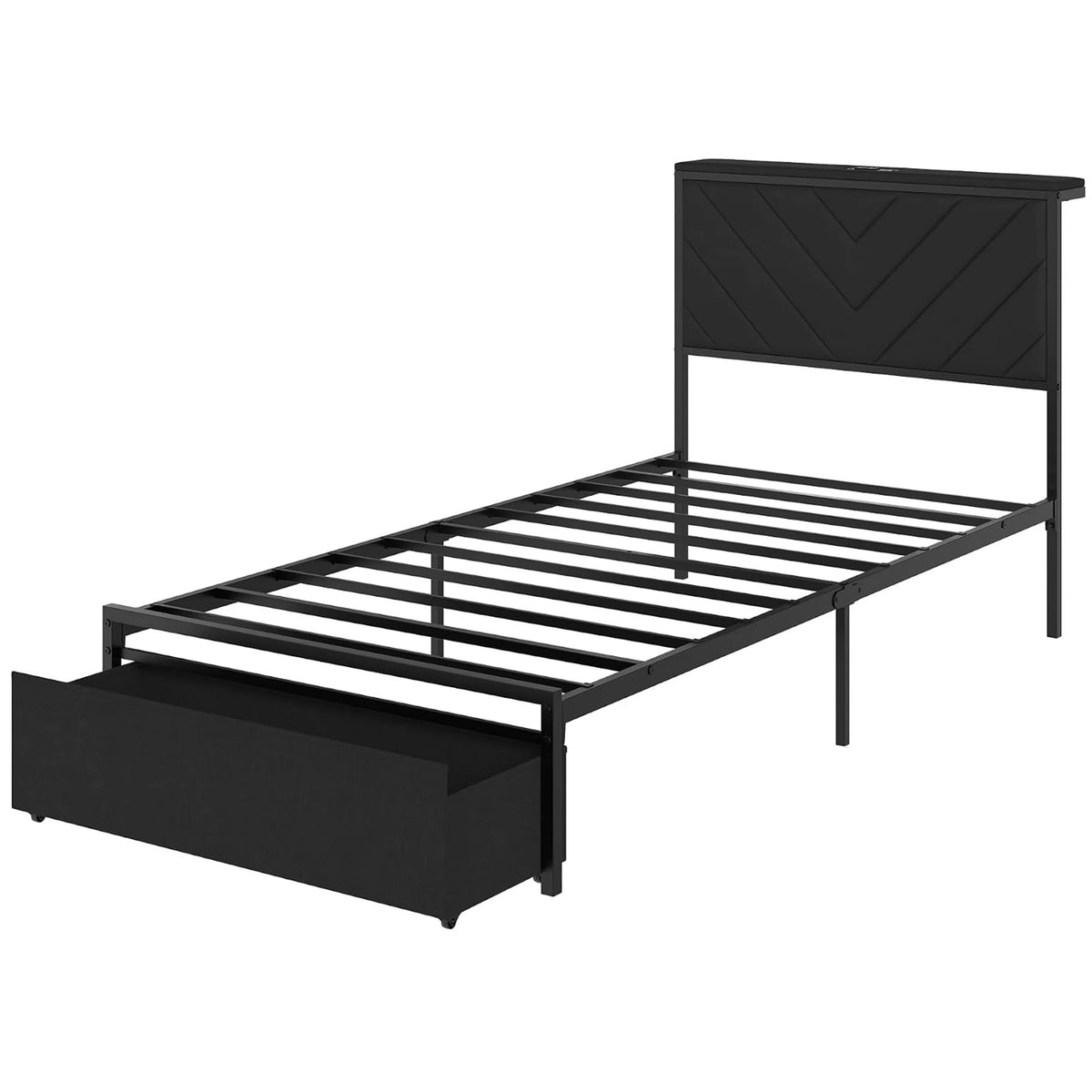 HiMiss Metal Bed Frame With Charging Station Headboard Storage Drawers