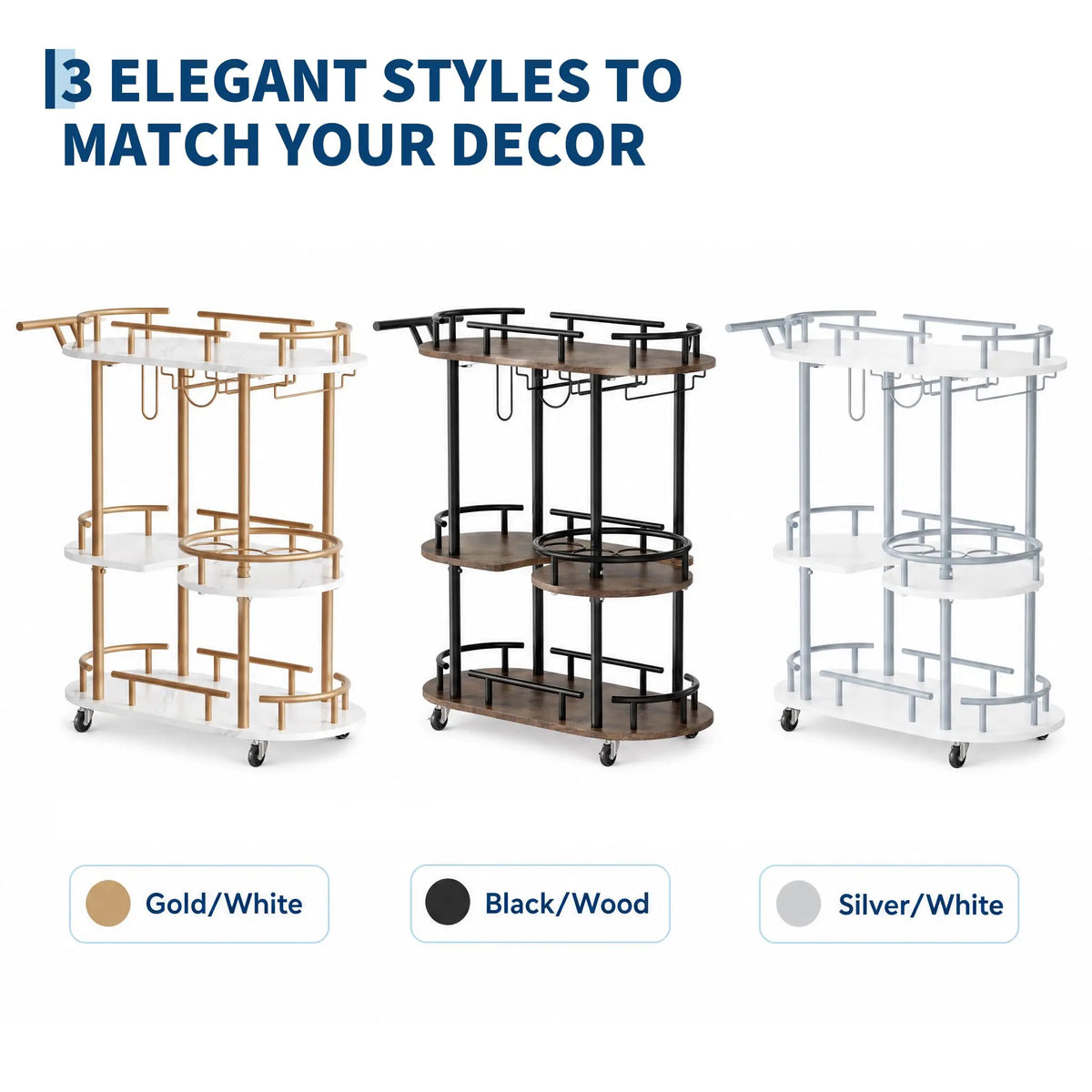 HiMISS Three Tier Metal Rolling Bar Cart With Wine Rack