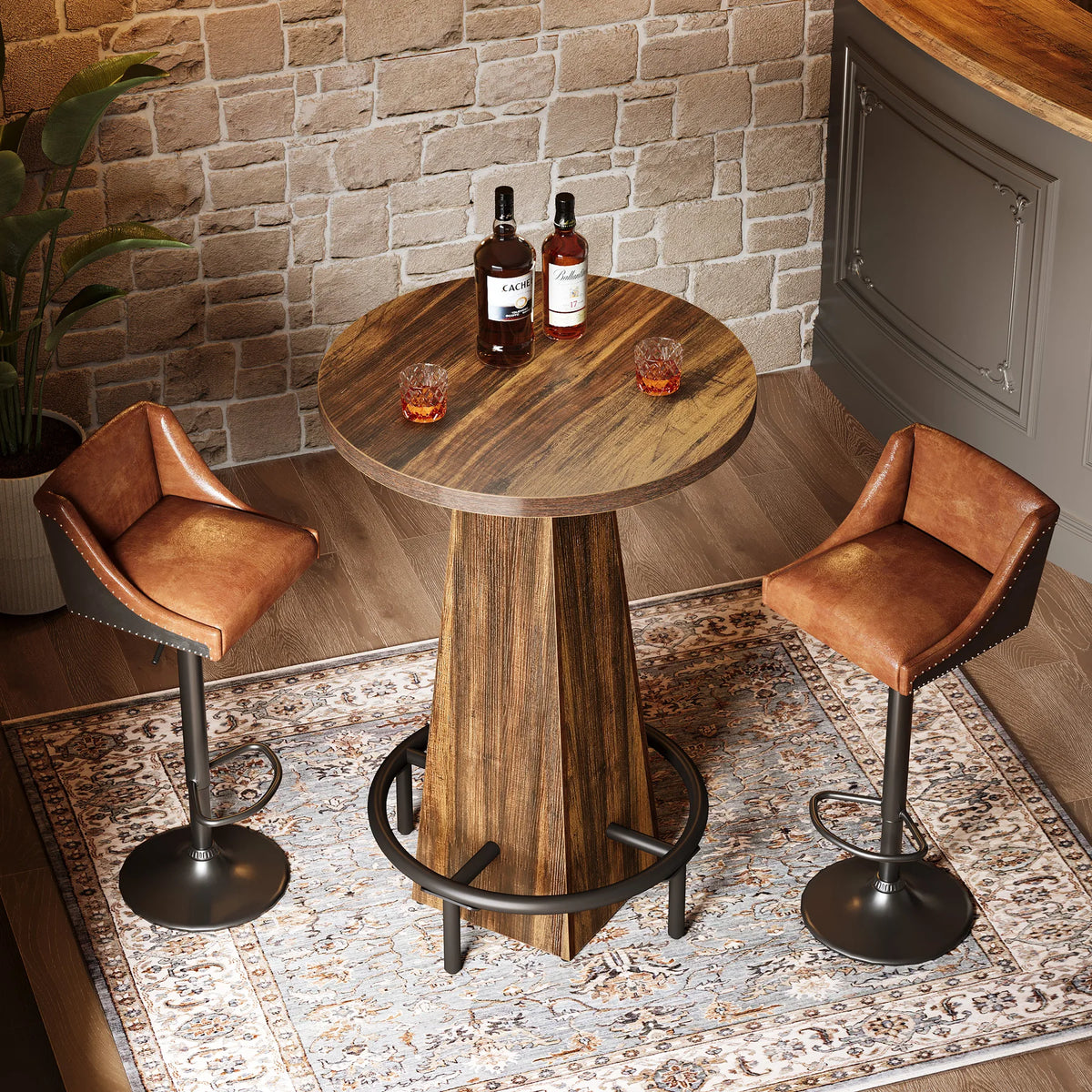Tribesigns Round Commercial Wood Bar Table With Metal Footrest