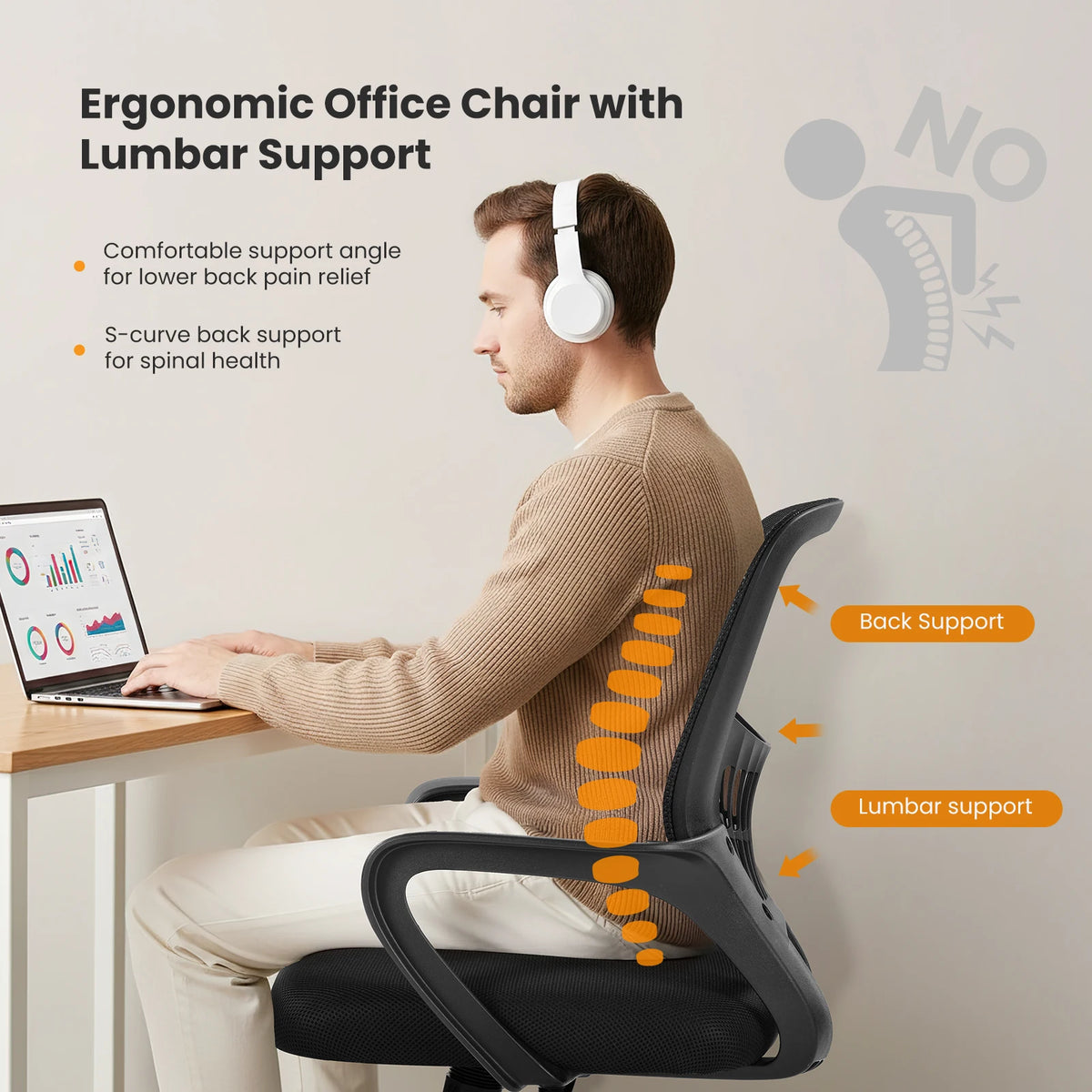 MCQ Ergonomic Mid Back Office Chair With Adjustable Lumbar Support
