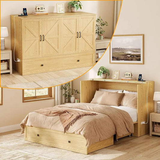 Foldable Wooden Murphy Bed With Charging Station And Storage