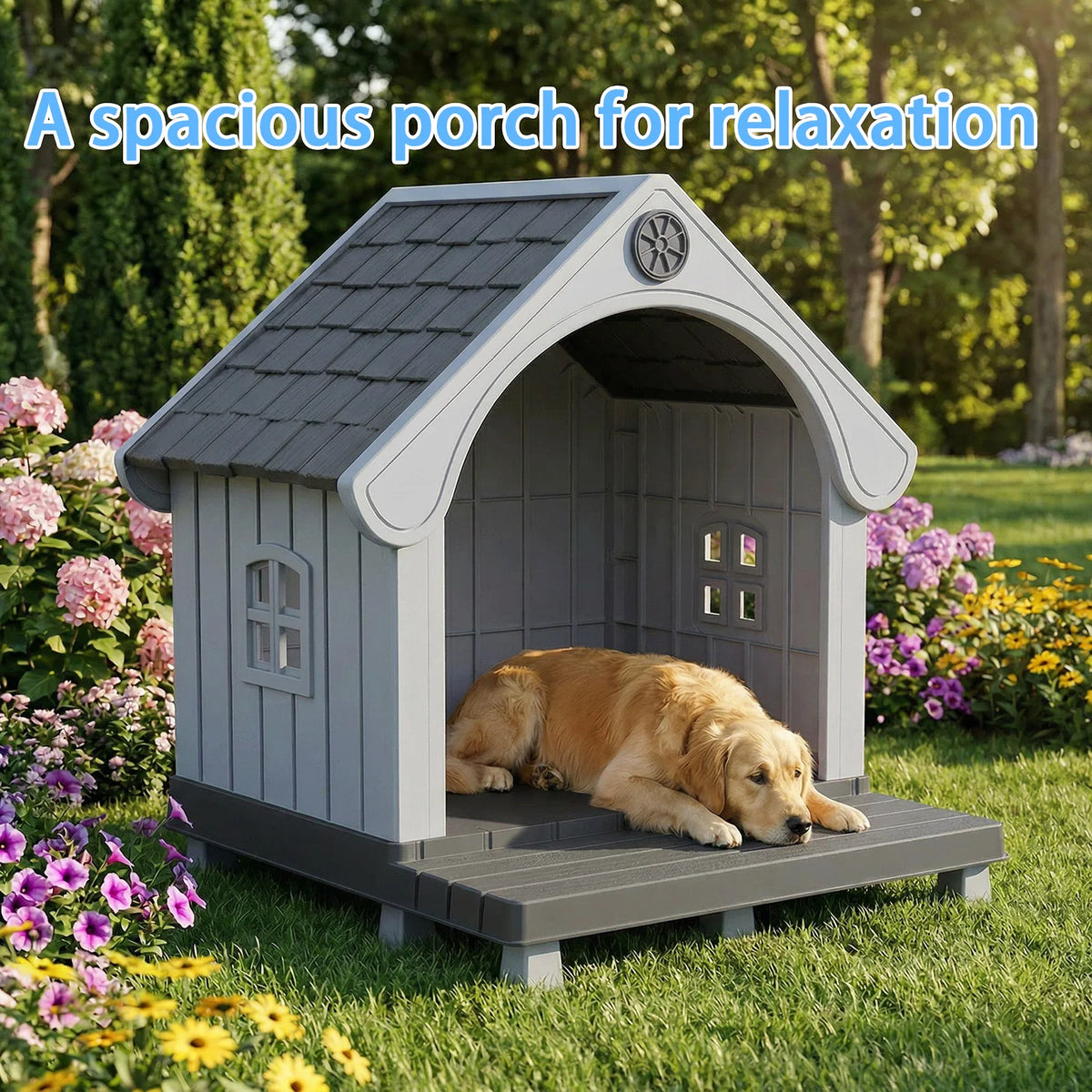 Elevated Resin Dog House Sloped Roof Weatherproof Outdoor Pet Shelter