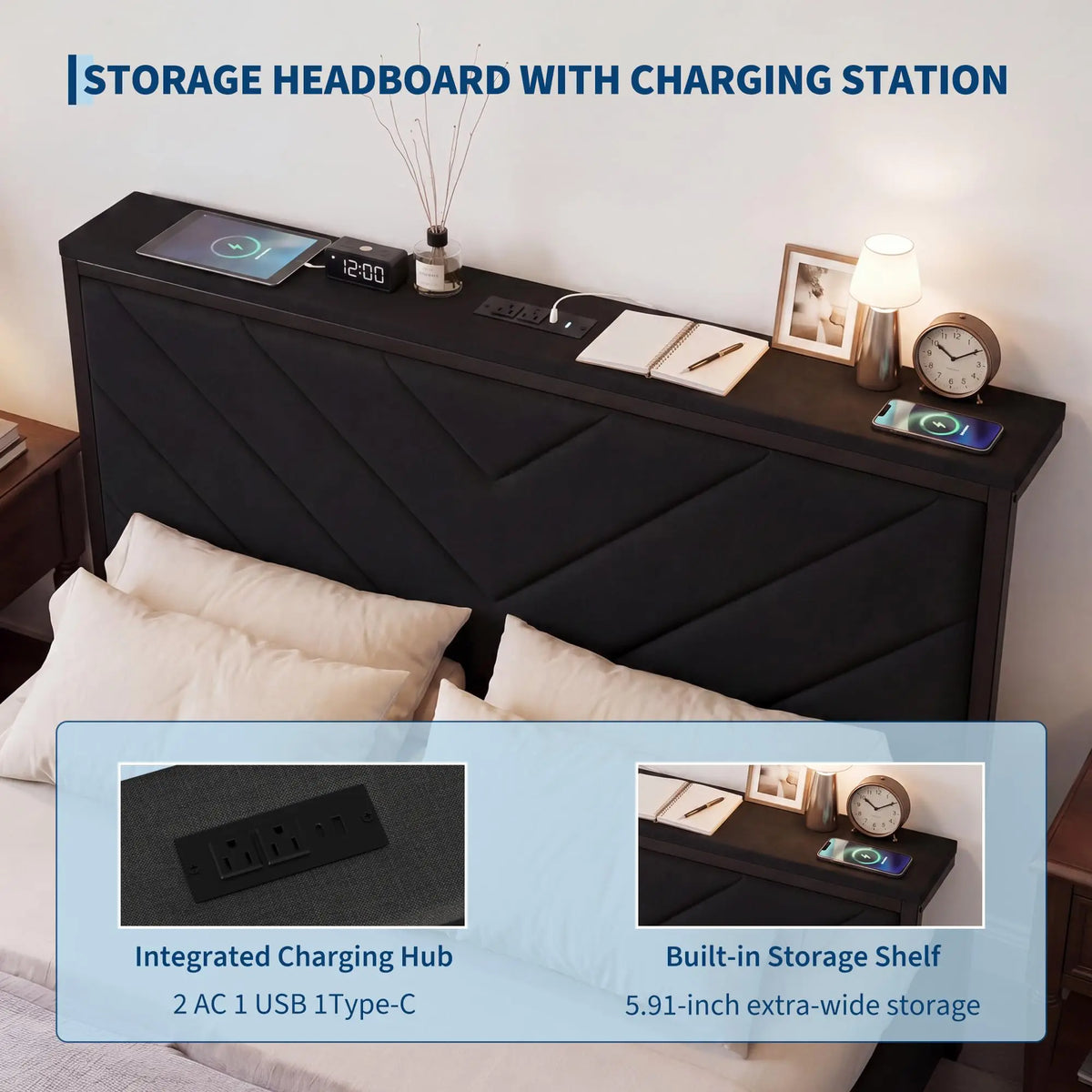 HiMiss Metal Bed Frame With Charging Station Headboard Storage Drawers