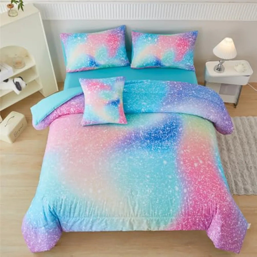 Girls Ombre Galaxy Glitter Comforter Set With Matching Sheets