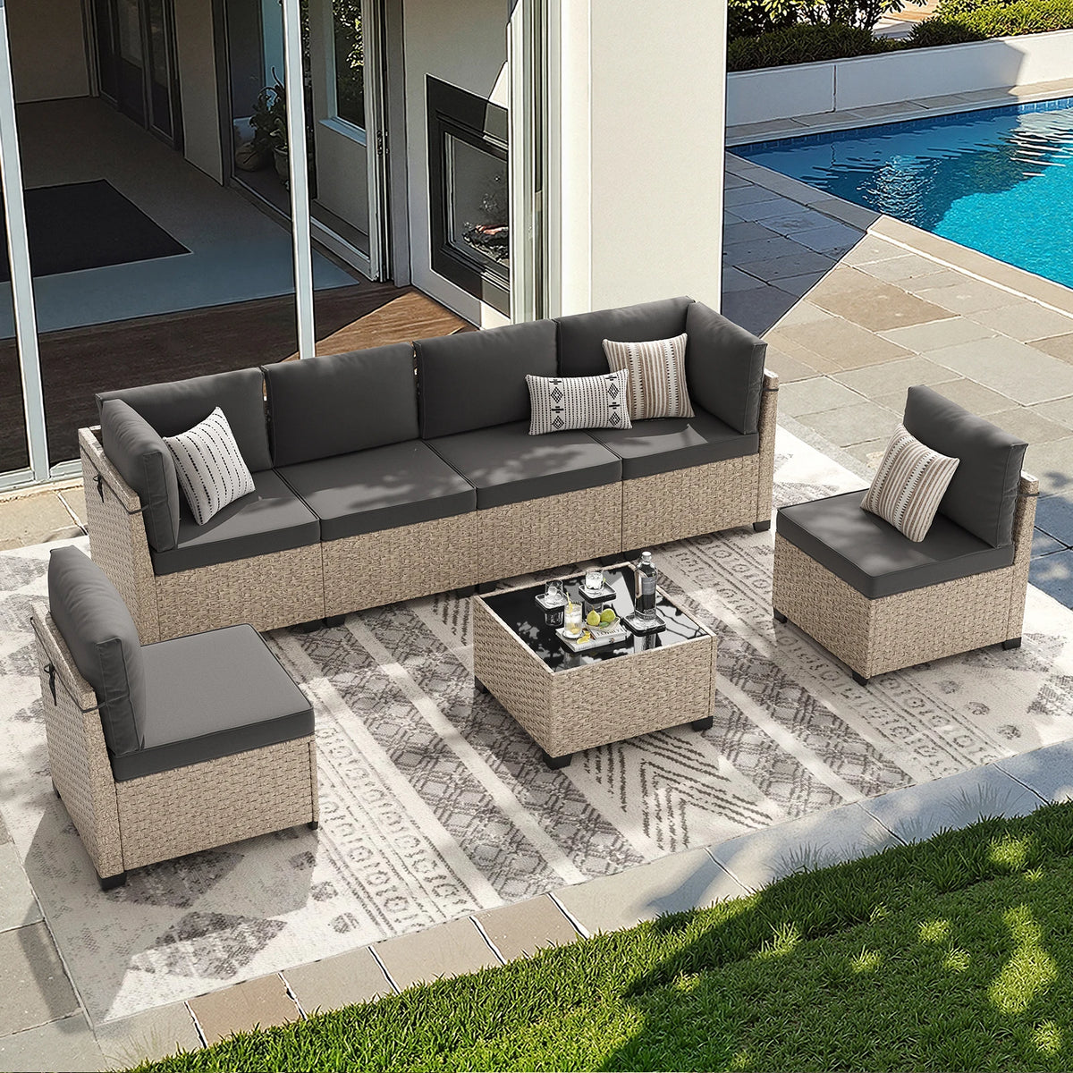 Outdoor Rattan Patio Sectional Sofa Set With Tempered Glass Table