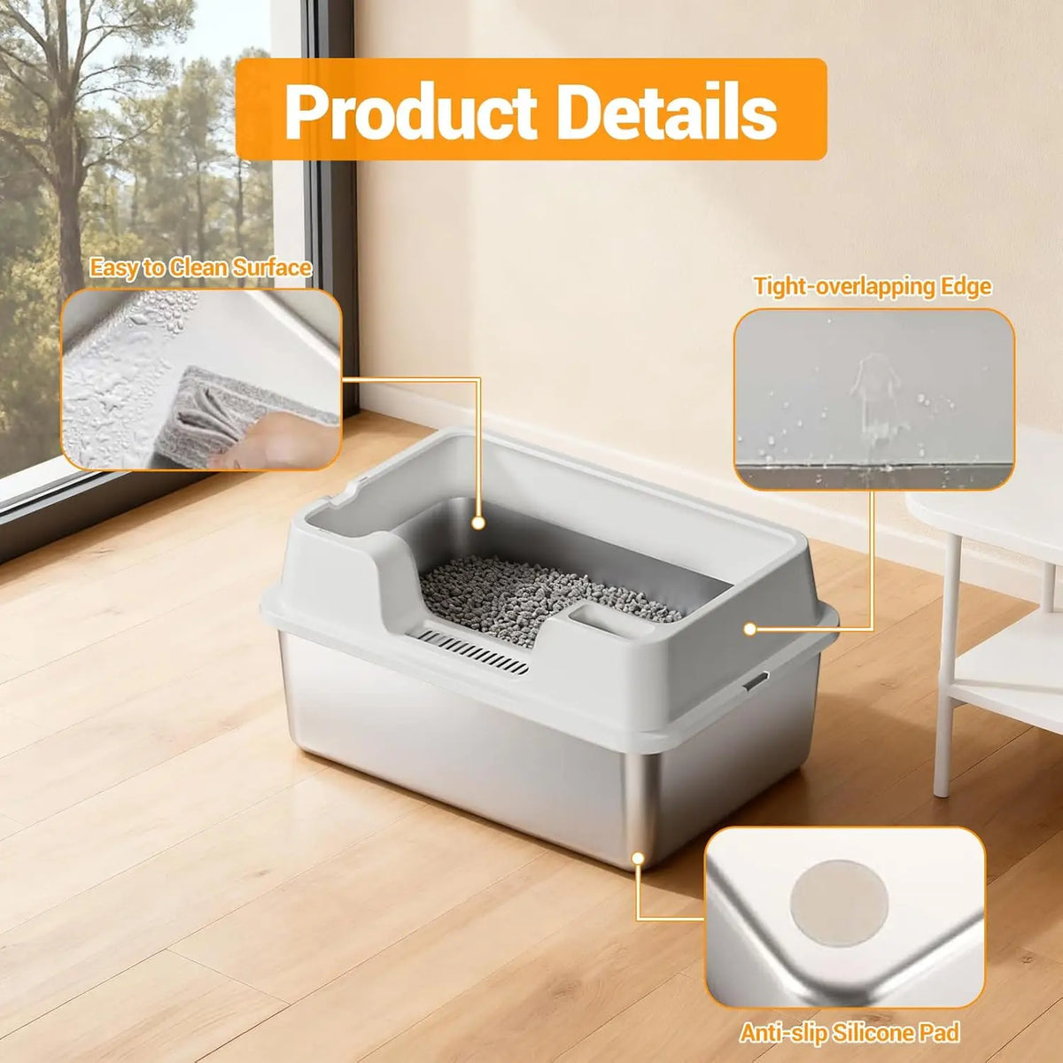 HiMISS Enclosed Stainless Steel Cat Litter Box With Tall Walls