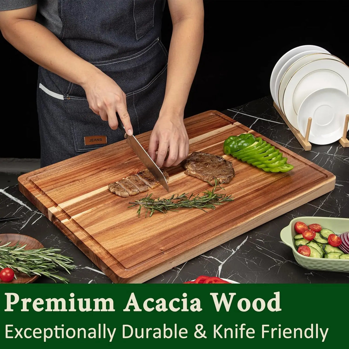Twister.Ck Acacia Wood Cutting Board Thick Butcher Block With Handles