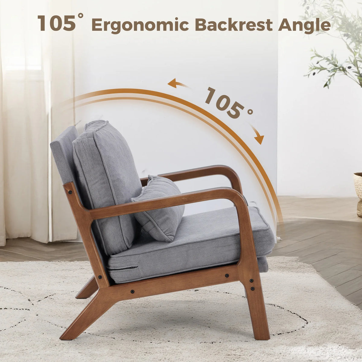 JHK Mid Century Modern Solid Wood Lounge Chair With Cushions