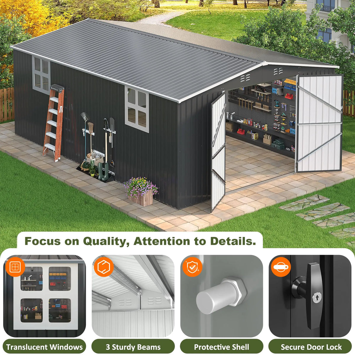 VIWAT Outdoor Metal Storage Shed Heavy Duty Lockable Door Backyard