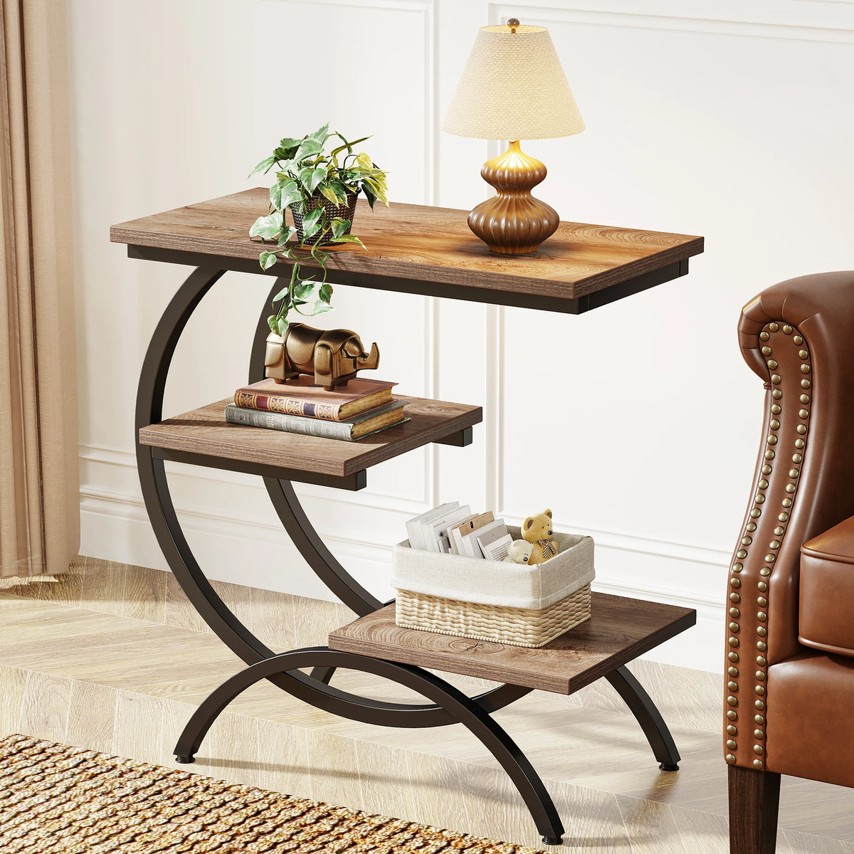 Tribesigns Industrial C Shaped End Table With Storage Shelves