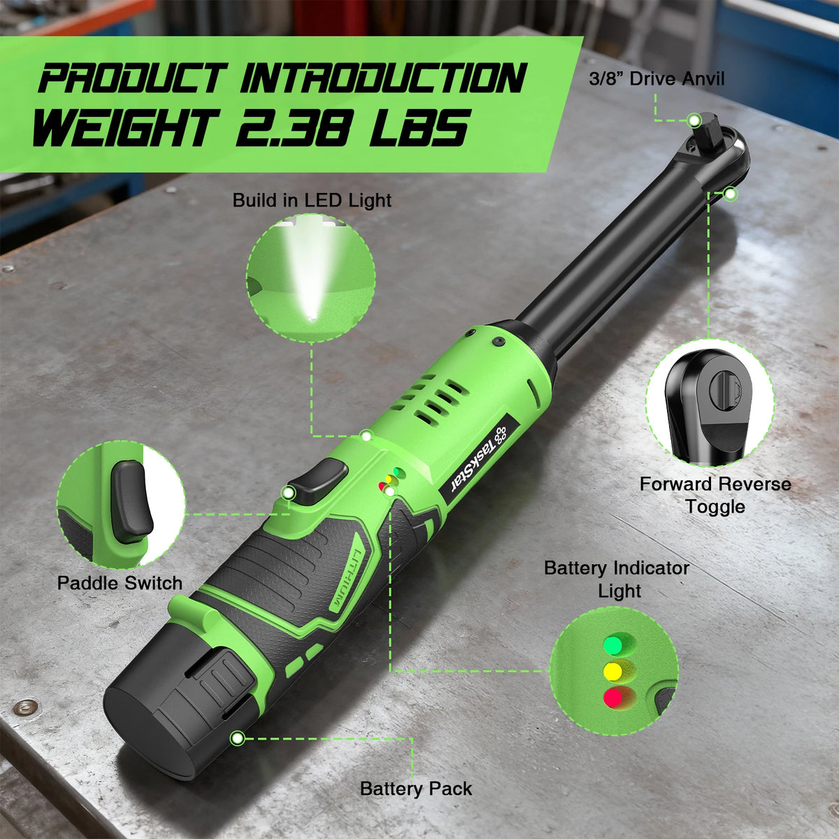 TaskStar Brushless Cordless Ratchet Wrench With LED Work Light