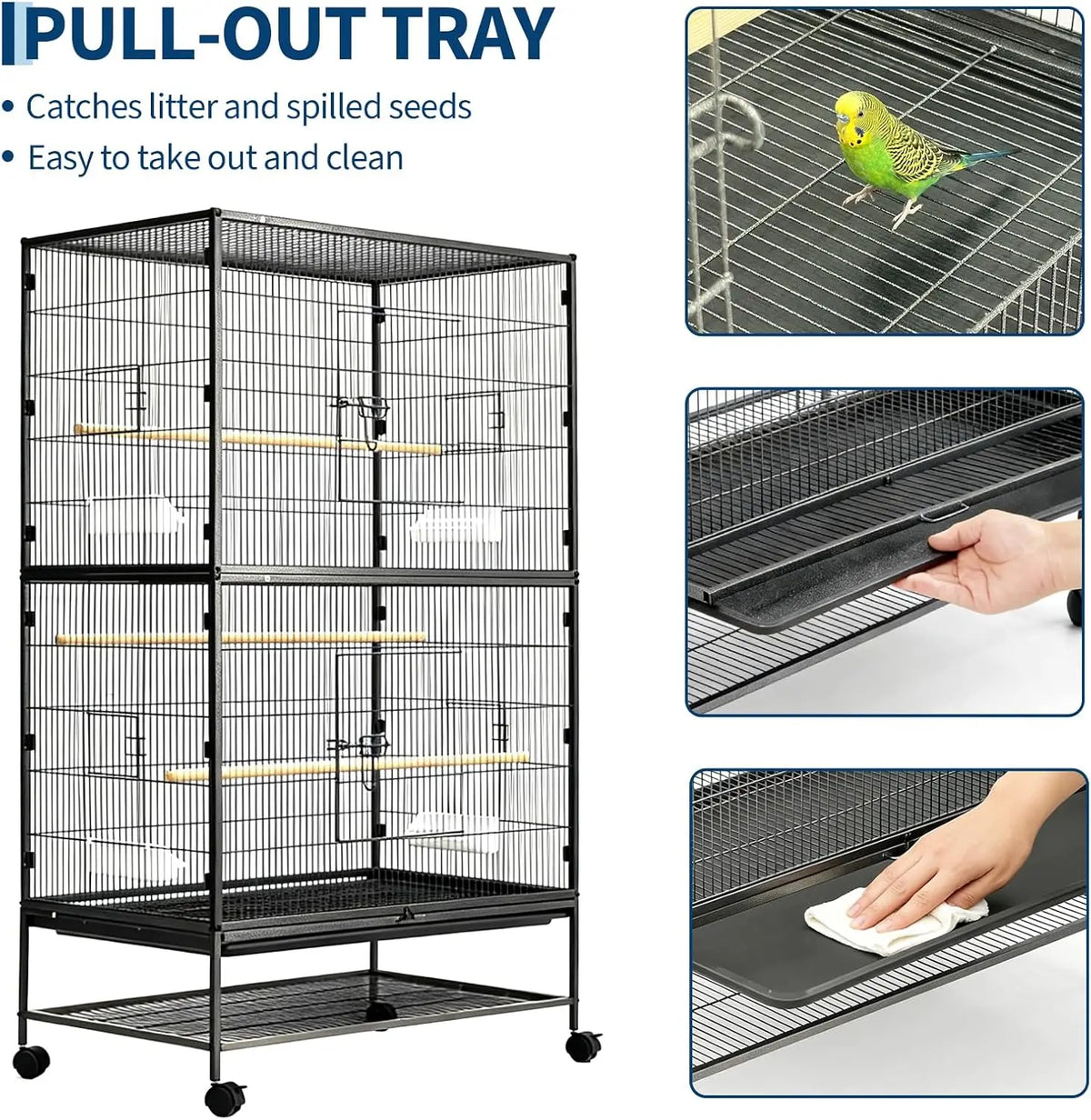 HiMISS Bird Cage With Rolling Stand And Feed Bowls