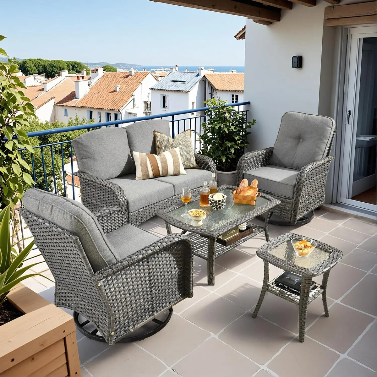 5 Piece Outdoor Wicker Patio Swivel Conversation Sofa Set