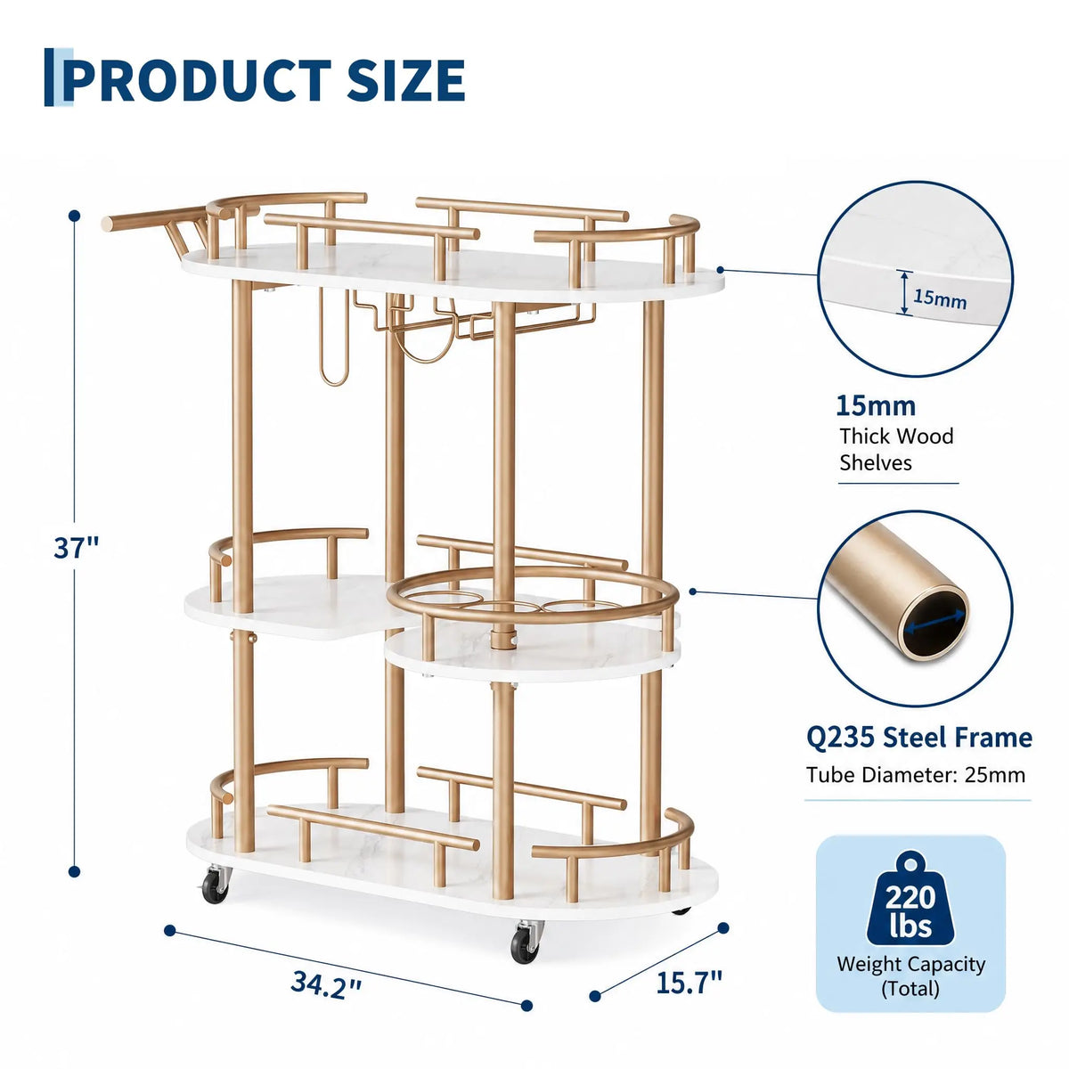 HiMISS Three Tier Metal Rolling Bar Cart With Wine Rack
