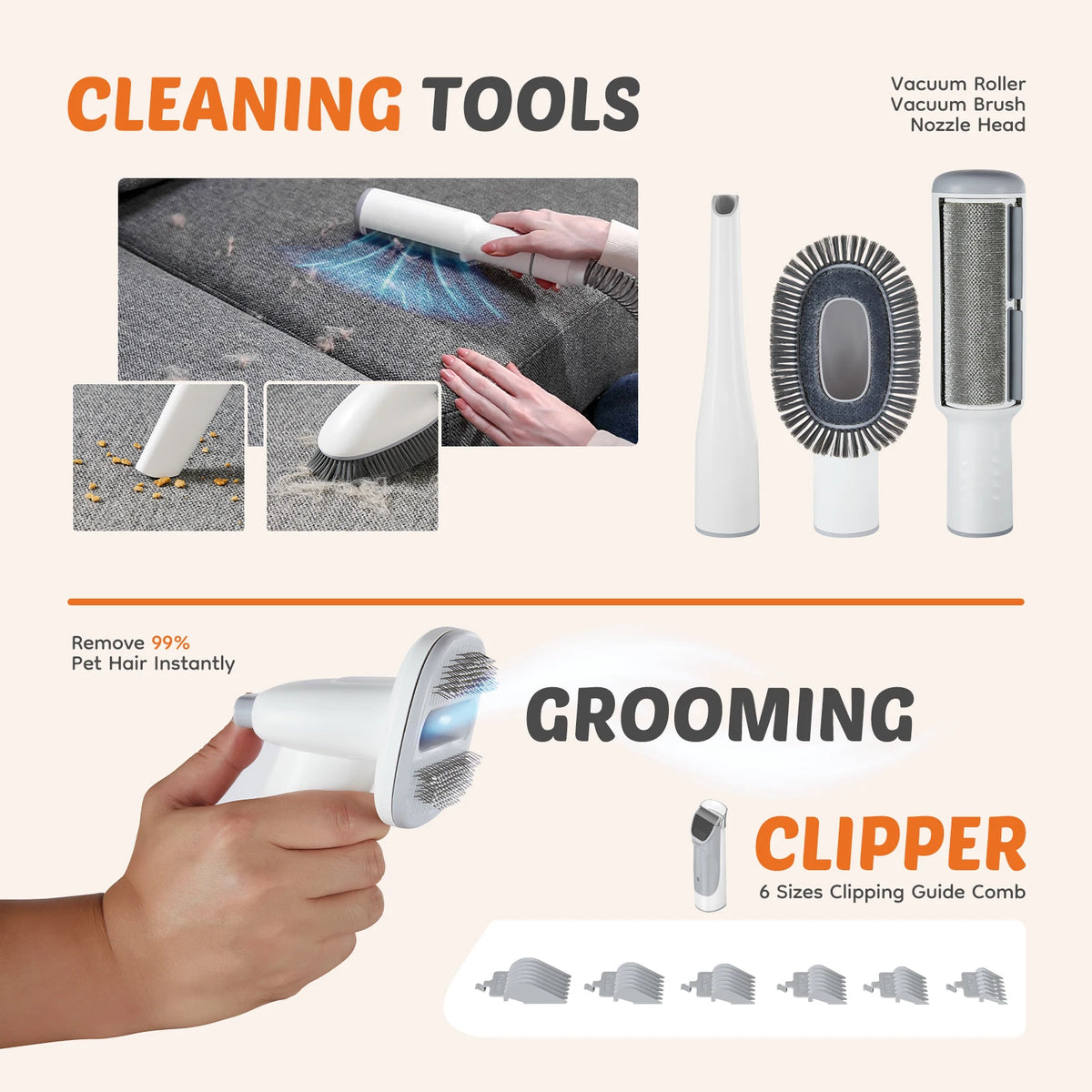 Pet Grooming Vacuum Kit With Cordless Low-Noise Clippers And Tools
