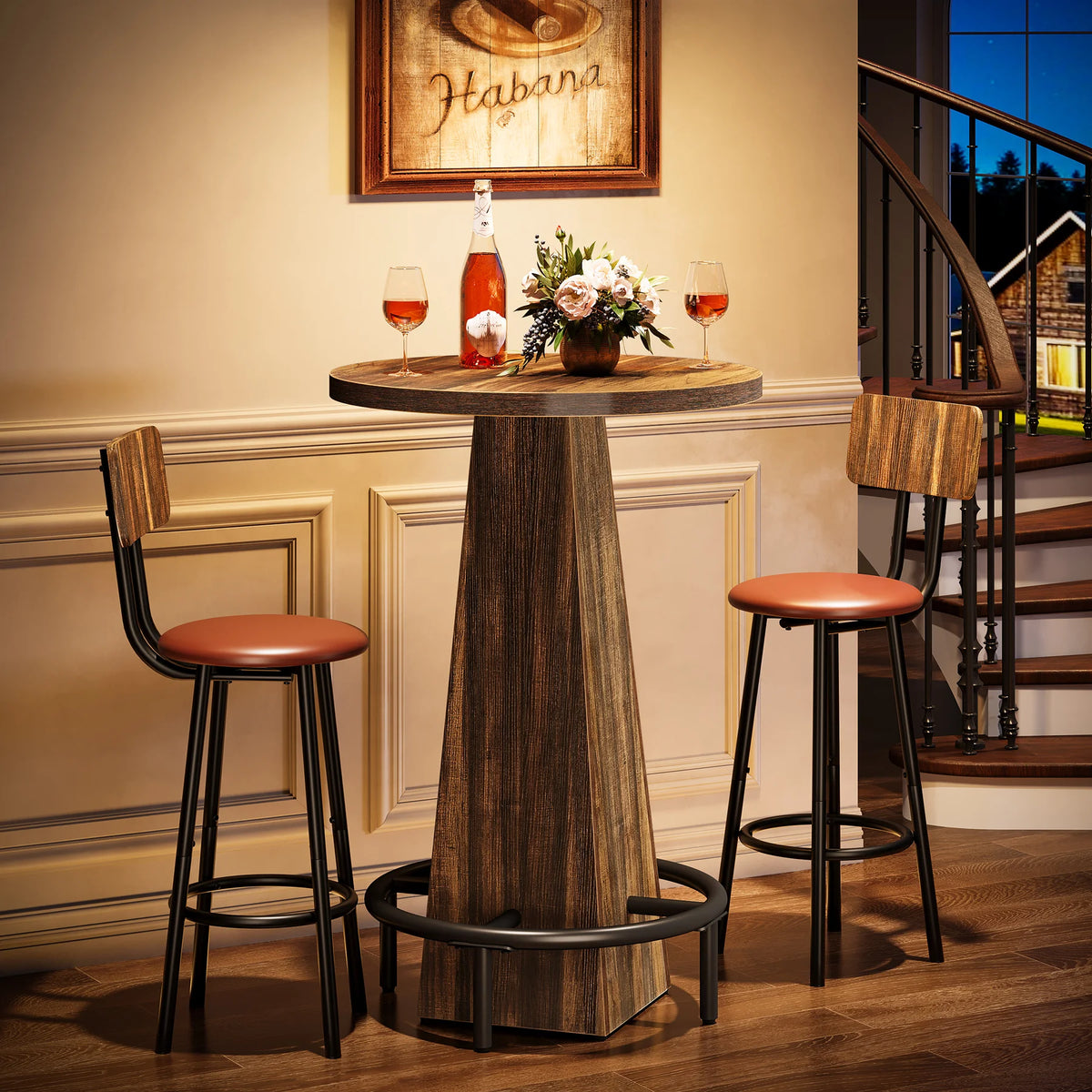Tribesigns Round Commercial Wood Bar Table With Metal Footrest