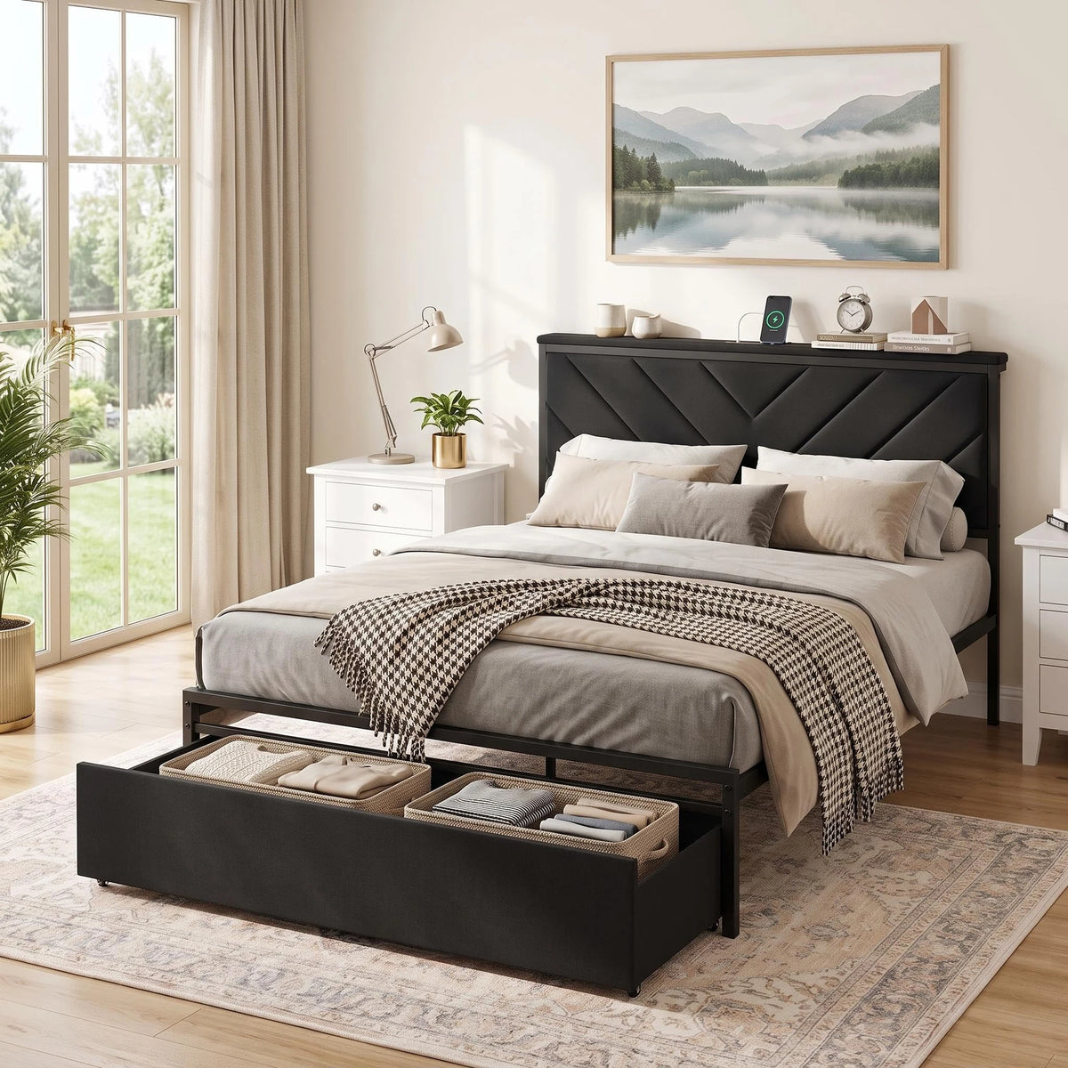 HiMiss Metal Bed Frame With Charging Station Headboard Storage Drawers