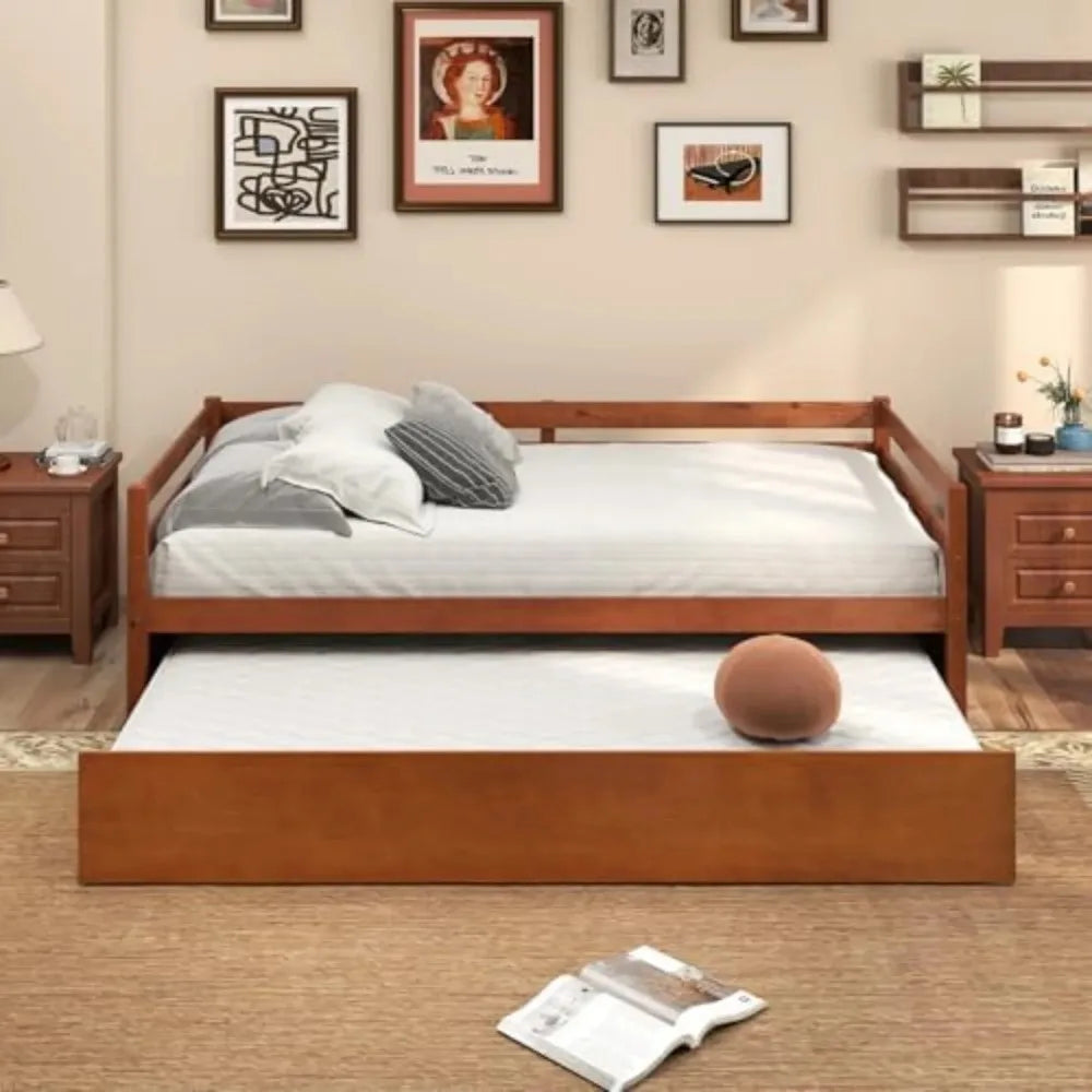 Mid Century Modern Daybed With Trundle And Wood Slat Support