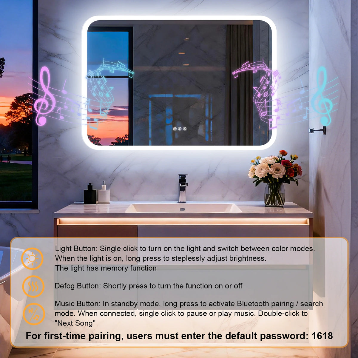 Smart LED Bathroom Mirror With Bluetooth Speakers And Touch Control