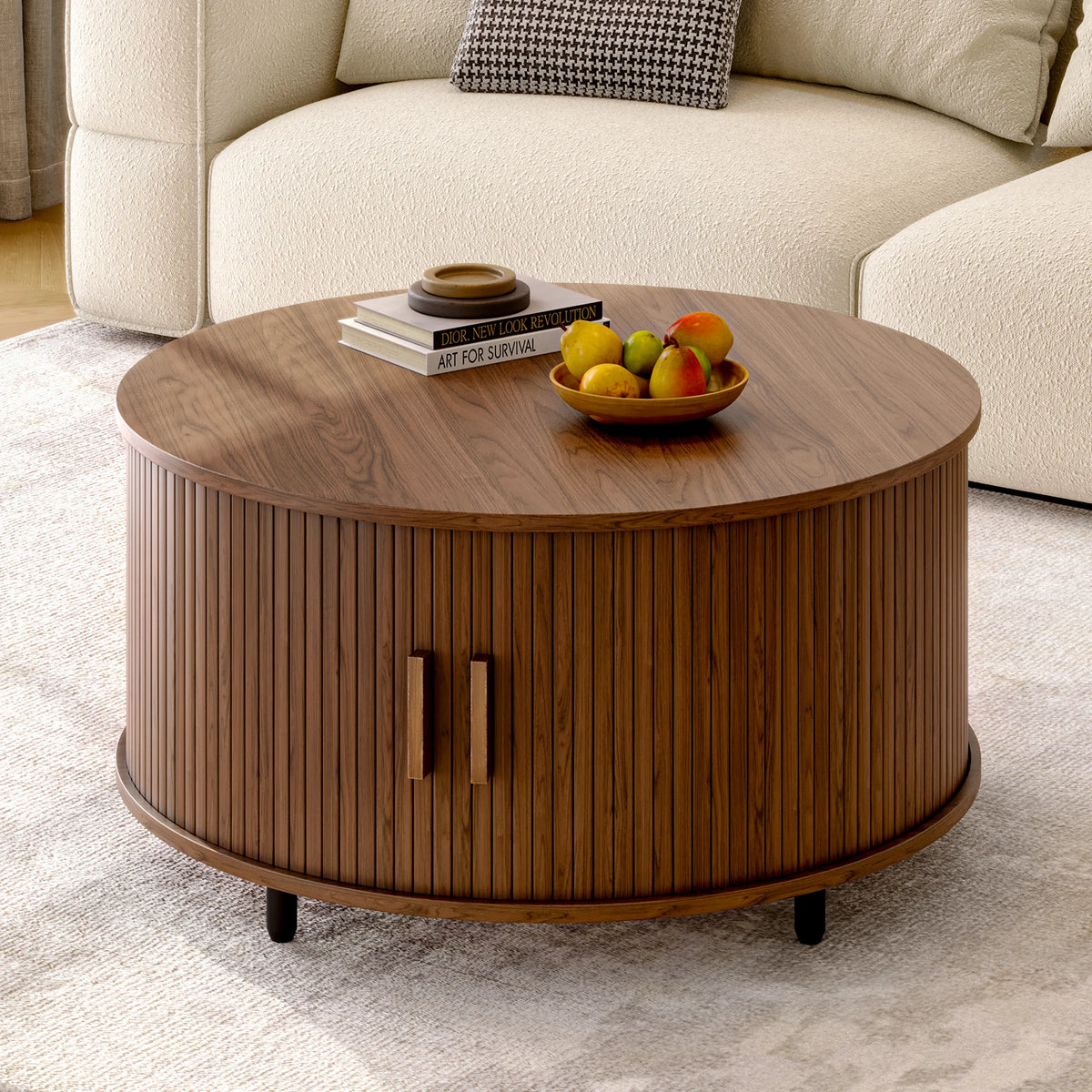 Onbrill Modern Round Coffee Table With Fluted Wood Storage