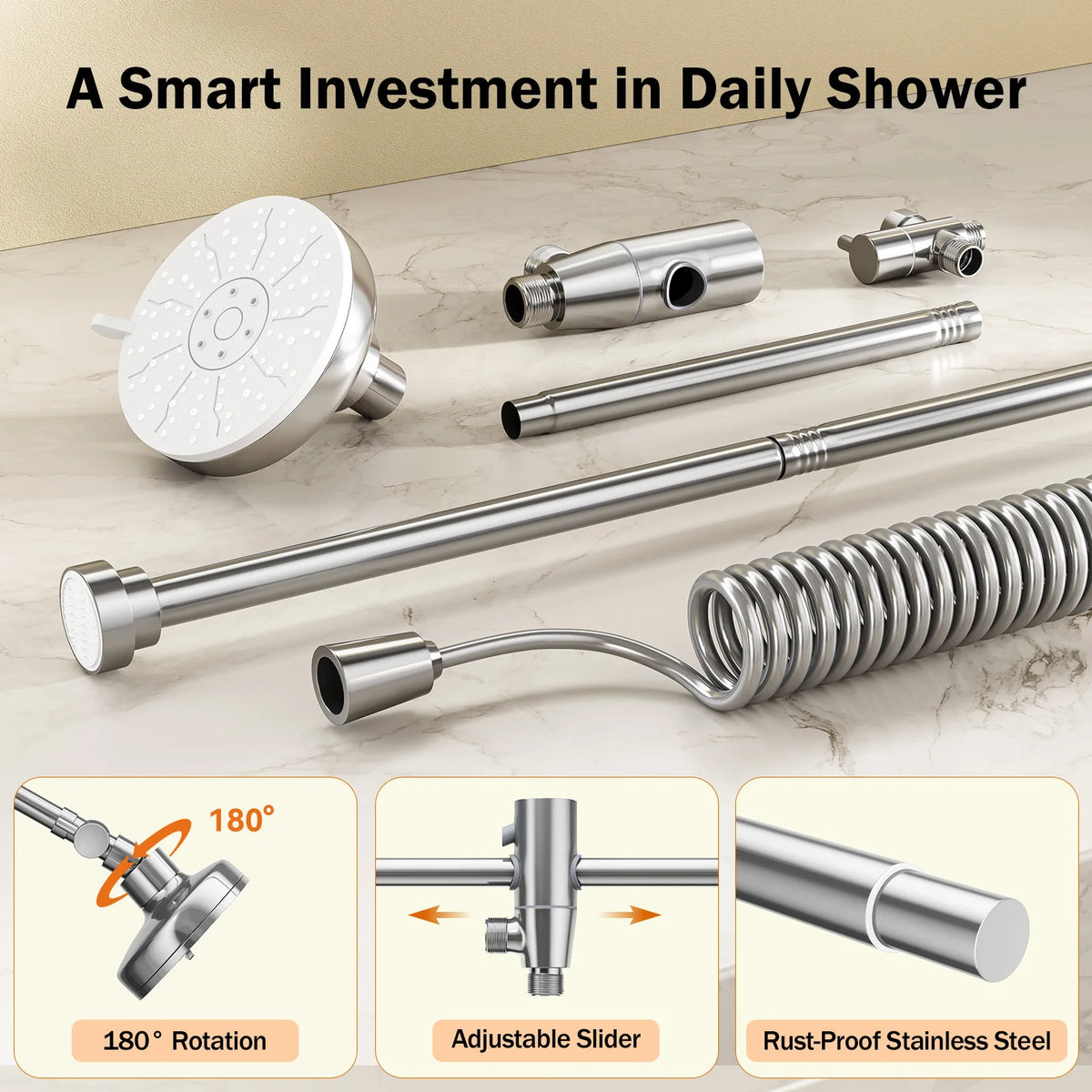 Dual Stainless Steel Shower Head With Adjustable Wall Slider